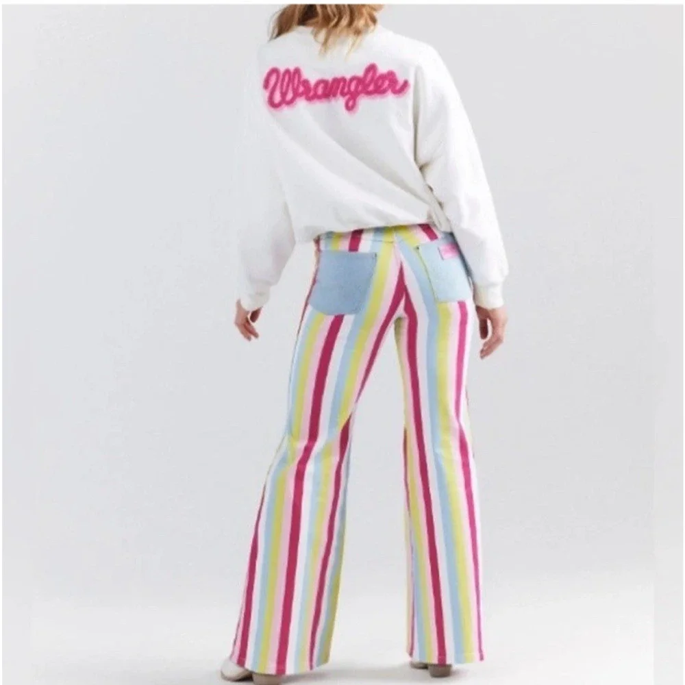 Wrangler Barbie Jeans Womens 29x31.5 Multicolor Striped Flare Denim Barbiecore - Picture 14 of 15